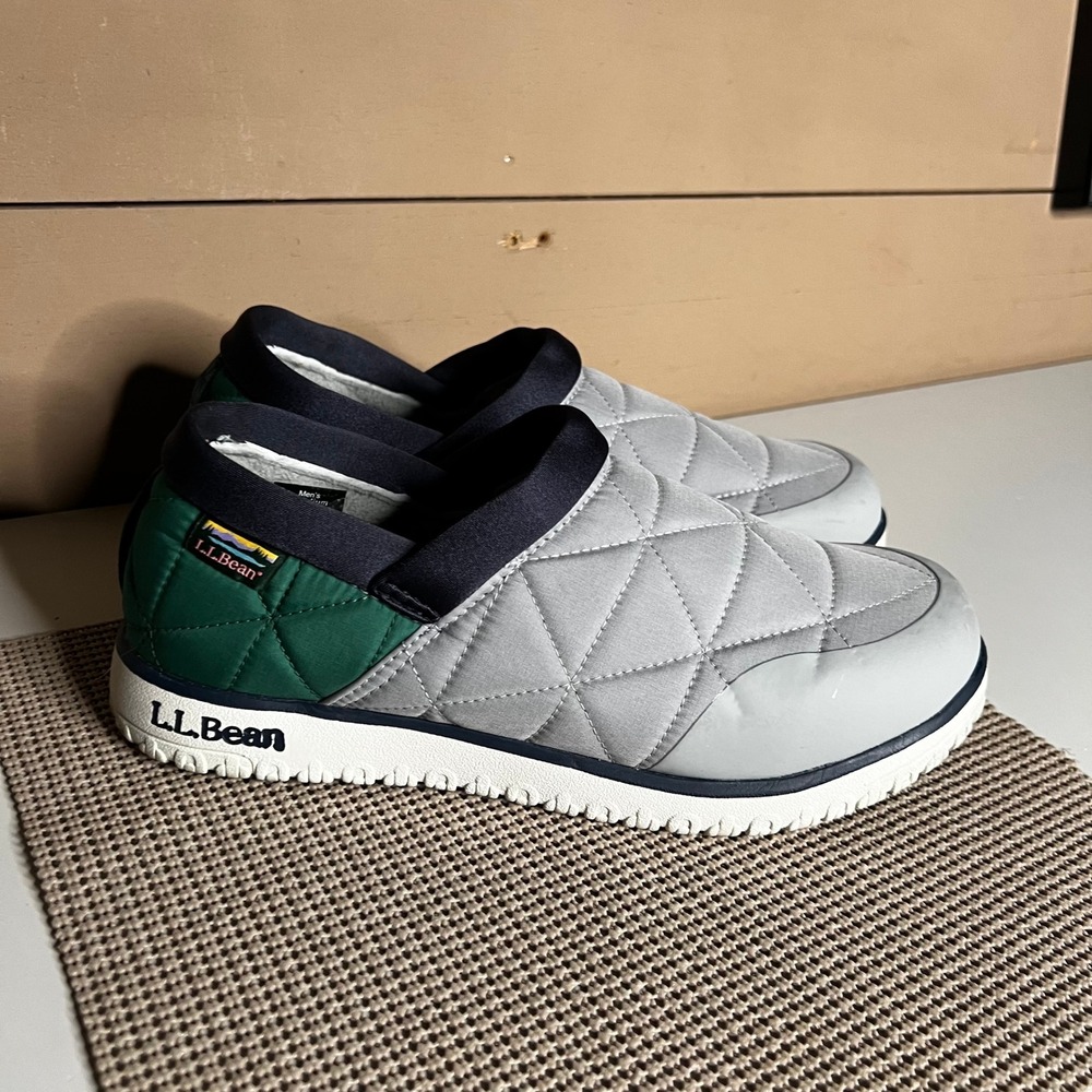 LL Bean Mountain Slippers Mens 9 Gray Green Quilted Insulated‎ Slip On 511763